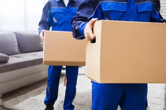 Two movers carrying boxes through a living room