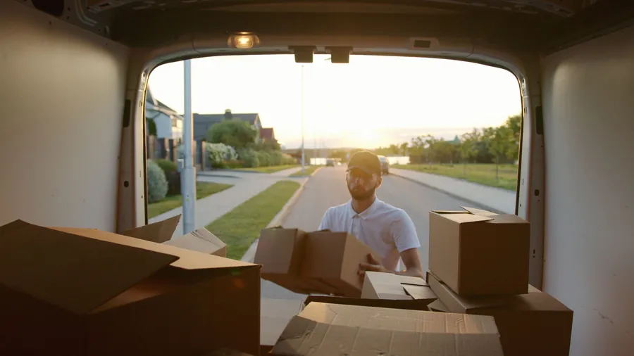 View from inside a cargo van full of boxes looking out the open rear doors at sunset